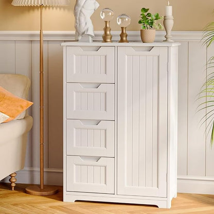 Gizoon Small Pantry Storage Cabinet with Door and Shelves, 33'' Kitchen Pantry Freestanding Wooden Bathroom Storage Cabinet with 4 Drawers for Kitchen and Dining Room, White, Painted