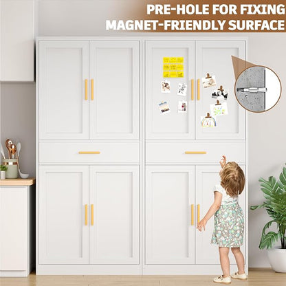 71” Tall Kitchen Pantry Cabinet, Metal Storage Cabinet with 2 Doors and 4 Adjustable Shelves for Kitchen, Living Room, Laundry Room (White, 71" H-1 Drawer)
