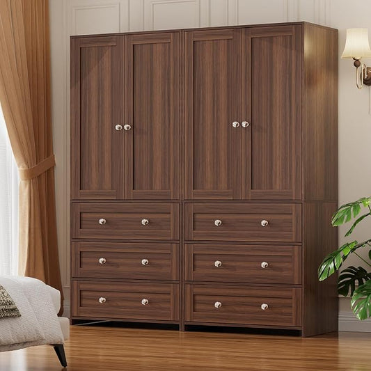 VOWNER Armoire Wardrobe Closet with Drawers and Mirror, 71" Clothing Storage Cabinet with Hanging Rod, 2 Doors Wooden Wardrobe Cabinet for Bedroom, Large Capacity Storage