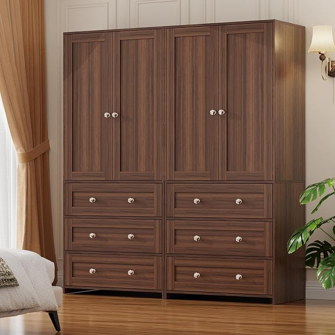 VOWNER Armoire Wardrobe Closet with Drawers and Mirror, 71" Clothing Storage Cabinet with Hanging Rod, 2 Doors Wooden Wardrobe Cabinet for Bedroom, Large Capacity Storage