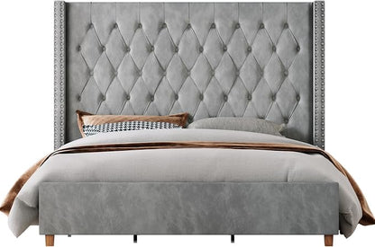 Jocisland Cal King Bed Frame 61.4" Tall Headboard Velvet upholstered,Gray | Wingback Headboard,Full Back Support for Tall People,Handcrafted Pleats&Deep Button,Noise-Free,Solid Wood Legs,Easy Assembly