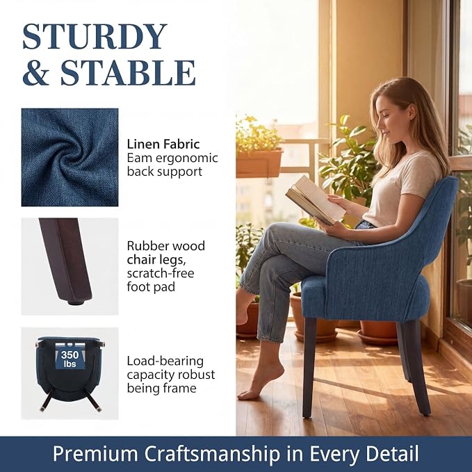 Linen Upholstered Dining Chairs Set of 2 with Arms | Blue linen fabric, breathable upholstery, curved backrest, cushioned seat, solid wood legs, farmhouse style for dining room