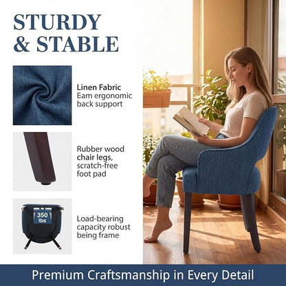 Linen Upholstered Dining Chairs Set of 2 with Arms | Blue linen fabric, breathable upholstery, curved backrest, cushioned seat, solid wood legs, farmhouse style for dining room