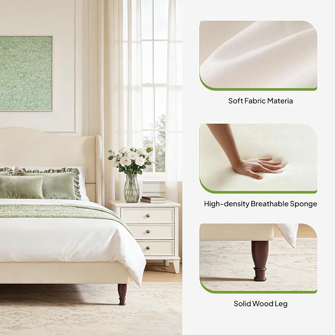 Welzona King Size Bed Frame 51" Tall Wingback Headboard, Soft Fabric Upholstered Platform Bed with Solid Wood Legs and Wooden Slats Support, No Box Spring Needed, Easy Assembly, Beige