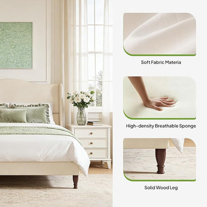 Welzona King Size Bed Frame 51" Tall Wingback Headboard, Soft Fabric Upholstered Platform Bed with Solid Wood Legs and Wooden Slats Support, No Box Spring Needed, Easy Assembly, Beige