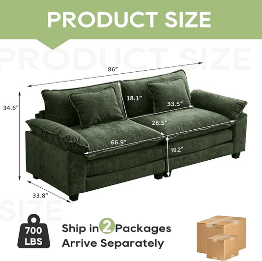 Oprisen 86" Modular Sectional Sofa, Comfy Cloud Couch Sectional Sofa, Chenille Sofa Sleeper Deep Seat Sofa with Throw Pillows for Living Room (Green, 86"- Loveseat)