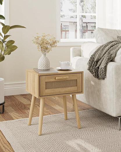 Aienvey Rattan Nightstand, Small Night Stand, Side Table with Drawer Open Shelf, Cane Accent Bedside End Table with Wood Legs, Bohemian Wood Nightstand for Bedroom, Oak (Bohemian)