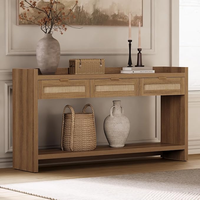 SICOTAS 60" Rattan Console Table for Entryway - Farmhouse Entry Table Sofa Table with 3 Drawers, Narrow TV Console Table with Storage for Living Room, Hallway, Couch, Foyer