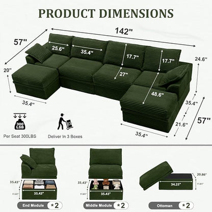 Upgrade Boneless Couch with Storage, Extra Deep&High Seat Modular Sectional Sofa 4 Seater U Shaped Cloud Couch with Ottoman, Tool-Free Assembly Sectional Couches for Living Room