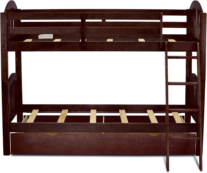 East West Furniture VEB-08-TU Solid Wood Bunk Beds Twin Over Twin with Guard Rail and Trundle, Java Finish