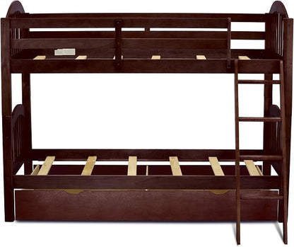 East West Furniture VEB-08-TU Solid Wood Bunk Beds Twin Over Twin with Guard Rail and Trundle, Java Finish