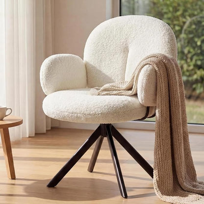 Cute Desk Chair No Wheels, 360° Swivel Accent Chairs with Arms, Modern Upholstered Dining Room Chairs with Tufted Cushion, Accent Chairs for Home Office/Bedroom/Kitchen, Teddy Sherpa, Beige