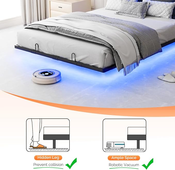VINGLI Queen Floating Bed Frame with Headboard Heavy Duty Metal Frame, Storage Shelf, LED Lights Charging Station, Modern Platform Bed, Adjustable Headboard, No Box Spring Needed, Grey