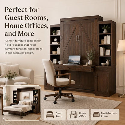 Queen Murphy Bed with Desk, Wall Bed Cabinet with Storage Shelves, Enclosed Cabinets and Hidden Foldout Workstation, Folding Cabinet Bed, Space Saving Bed for Guest Room, Home Office (Dark Brown)