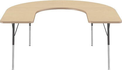 FDP Horseshoe Activity School and Office Table (60 x 66 inch), Standard Legs with Swivel Glides for Collaborative Seating Environments, Adjustable Height 19-30 inches - Maple Top and Maple Edge
