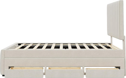 Bellemave Full Size Bed Frame with Twin Trundle Bed and Storage Drawers,Linen Upholstered Bed Frame,Full Size Trundle Bed with Adjustable Headboard for Kids Teens Adults,Beige