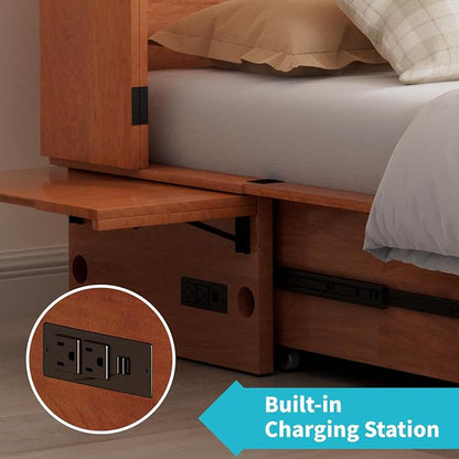 CECER Cherry Murphy Bed Cabinet with Mattress, Space-Saving Folding Bed