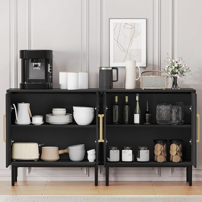 Set of 2 Black Storage Cabinet with Doors, Modern Accent Cabinet, Free Standing Cabinet with Adjustable Shelf, Wooden Buffet Sideboards for Living Room, Kitchen, Dining Room, Entryway