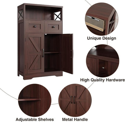 Befrases Set of 2 Dark Brown Storage Cabinet with Drawers and Shelves, Standing Kitchen Pantry Cabinet, Floor Storage Cabinet Hutch Cupboard, Coffee Bar Station for Dining Living Room Home Office