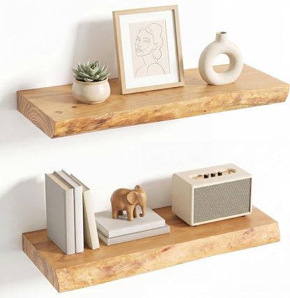 Venusmiles Live Edge Elm Floating Shelves for Wall Decor, Rustic Solid Wood Shevles Wall Mounted with Invisible Bracket for Living Room Bathroom Bedroom Kitchen, 22.5 Inch Set of 2, Natural
