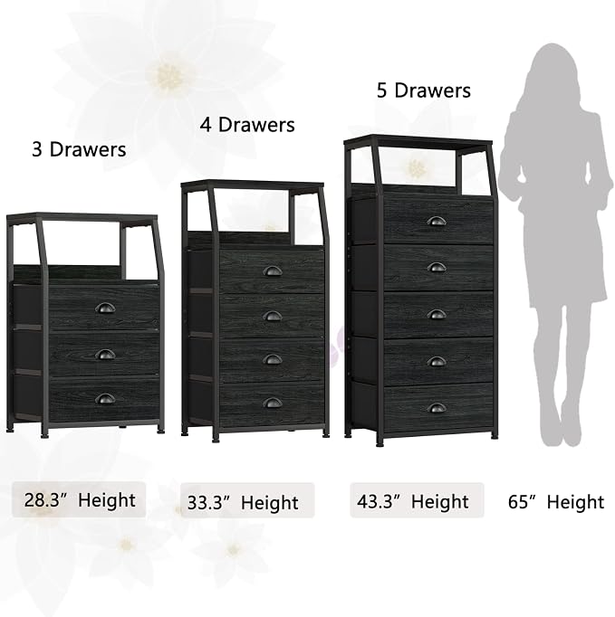 Furnulem Black Dresser with 5 Drawers, Vertical Storage Tower Fabric Dresser for Bedroom, Hallway, Entryway, Nursery, Closet Organizer, Nightstand Bedside Table Furniture, Sturdy Steel Frame, Wood Top