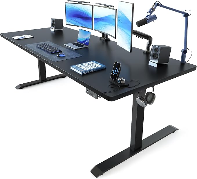 FEZIBO 71 x 37 Inch Standing Desk with Integrated Dual-Beam, Cable Management, 3 Memory Height Adjustable Computer Desk for Home Office Workstation, 1" Thick Large 3-Piece Desktop Black