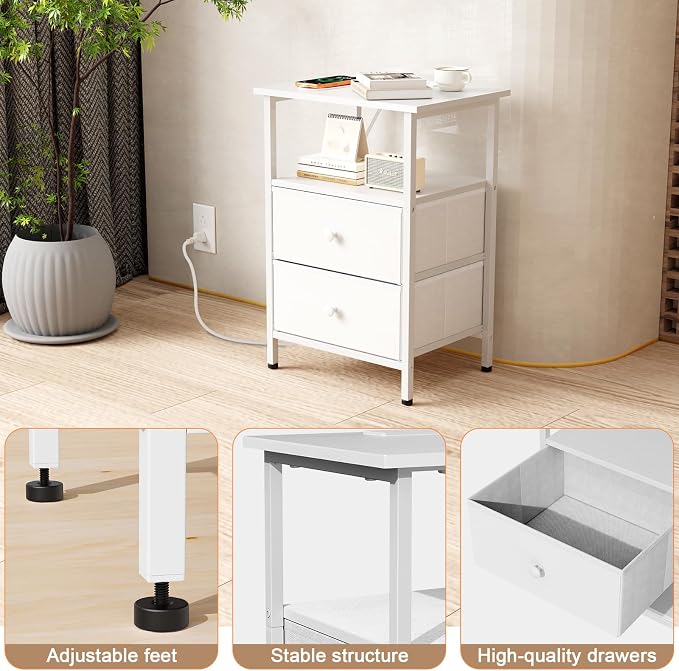 Nightstand with Charging Station, Bedside End Table with 2 Fabric Drawers for Bedroom, Side Table with USB Ports and Outlets (White)