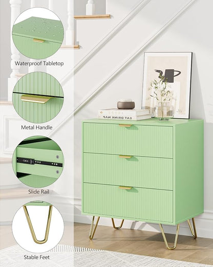 Green Dresser for Bedroom, Modern Fluted 3 Drawer Dresser with Storage, Dresser Chest of Drawers with Gold Handles for Bedroom, Living Room, Closet, Hallway, 15.8" D x 23.6" W x 27.6" H