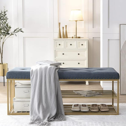 Upholstered Shoe Storage Bench-Nailhead Trim Linen Ottoman Bench with Shoes Rack for End of Bed Entryway Window Bedroom Living Mudroom Room,Blue