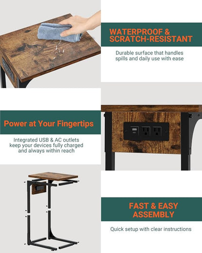 C-Shaped Side Table for Couch - Small Coffee Stand Sofa Tray Desk with Metal Frame Waterproof Scratch Resistant Wood Top and Built-in Charging Station, Rustic Brown