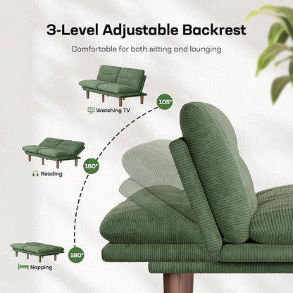 Marsail 75" Futon Sofa Bed, Futon Couch with Adjustable Backrest & Armrests, Convertible Sleeper Sofa Bed for Apartment, Living Room, Office, Corduroy Loveseat, Olive Green