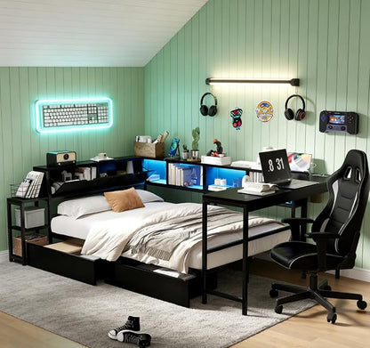 Bellemave Full Corner Bed Frame with Desk and Storage, Full Size Captains Bed with Charging Station and LED Light, Wood Daybeds with L-Shaped Bookcase and 2 Drawers, Black