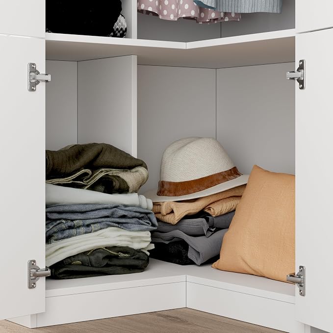 AIEGLE Corner Armoire Wardrobe Closet with Drawers, White Coat Closet with Doors, Modern Tall Wardrobe Corner Cabinet Closet with Hanging Rod for Bedroom, Freestanding, White, 35.4"D x 35.4"W x 74.2"H