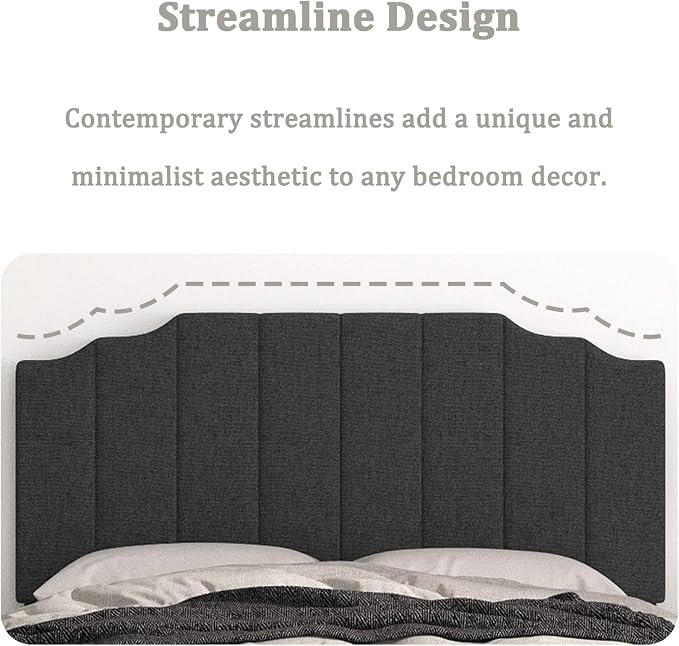 Befurtori Queen Size Headboard Only, Linen Wall Mounted Headboard Queen/Full Size for Adjustable Bed, Modern Vertical Channel Design with Curved Tufted Upholstered Head Board, Dark Gray