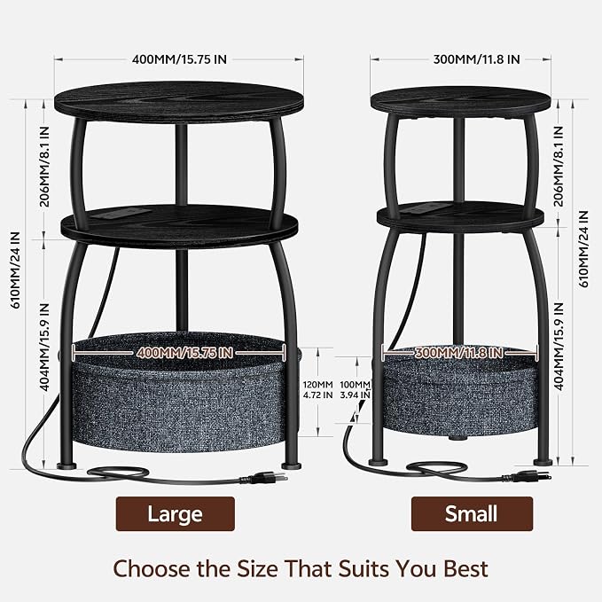 Round Side Table with Charging Station, USB Type C Port, Black | Round End Table with Basket for Living Room, Space Saving, Tall Night Stand for Bedroom Dorm,15.75in Metal and Wood, Rustic