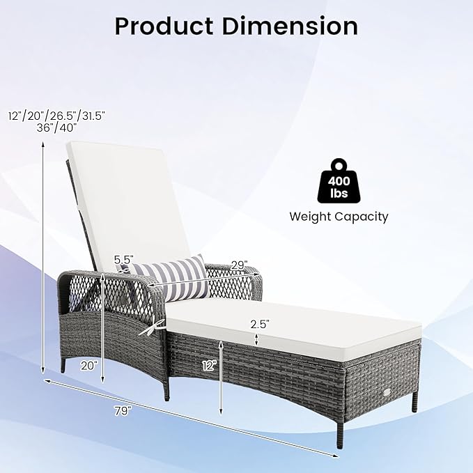 COSTWAY PE Rattan Chaise Lounge Chair, 6 Gear Adjustable Recliner with Armrest & Pillow, Wicker Outdoor Furniture for Deck, Patio (2, Gray)