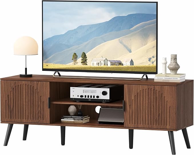 ChooChoo TV Stand for Living Room, Mid Century Modern TV Stand for 55/60 Inch TVs, Entertainment Center with Storage Cabinet and Open Shelves, TV Console Table Media Cabinet for Bedroom, Walnut