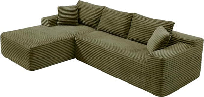 105-Inch L-Shaped Left Facing Corner Compressed Sofa Modular Sectional Boneless Cloud Sofa Floor Foam Couch with Chaise Lounge, Corduroy Corner Boneless Cloud Couch