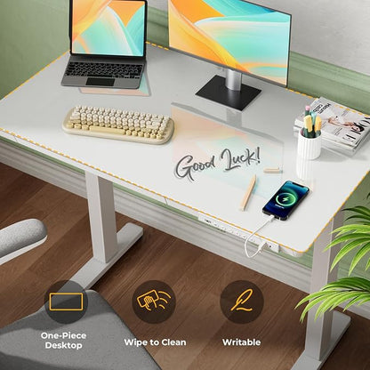 Glass Electric Standing Desk with Drawer, 35" x 20" Whole Piece Small Sit Stand Table, Height Adjustable Desk with Storage & USB Ports, Quick Install Home Office Computer Desk, White