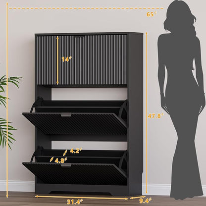 BORNOON Entryway Shoe Cabinet with 3 Flip Drawers, Narrow Shoe Organizer Cabinet with Fluted Panel and Adjustable Shelves for Foyer, Hallway