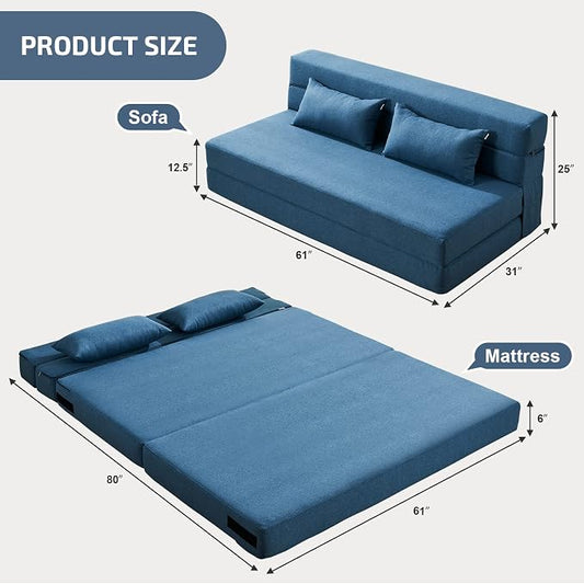 SUYOLS Folding Sofa Bed with Pillows- Convertible Chair Floor Couch & Sleeping Mattress, Foldable Memory Foam Sleeper for Living Room/Dorm/Guest Room/Home Office/Apartment/Loft, Queen, Navy Blue