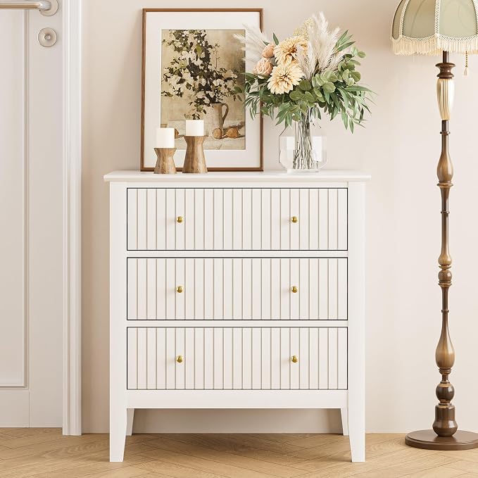 Night Stand, Fluted 3 Drawer Wide Farmhouse Nightstand with Gold Handle, Modern Wooden Bedside End Table for Bedroom, Living Room, White