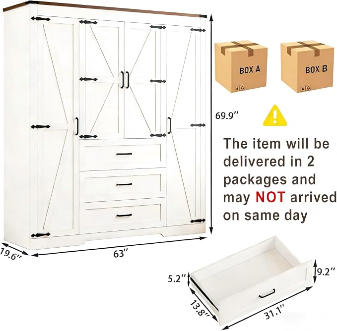 4 Doors Wardrobe Armoire Closet with Drawers, Farmhouse Wooden Armoire Storage Cabinet with Adjustable Shelves & Hanging Rod, 70" Freestanding Clothing Storage Cabinet for Bedroom, White