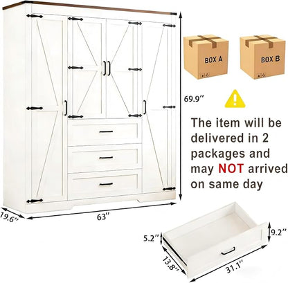 4 Doors Wardrobe Armoire Closet with Drawers, Farmhouse Wooden Armoire Storage Cabinet with Adjustable Shelves & Hanging Rod, 70" Freestanding Clothing Storage Cabinet for Bedroom, White