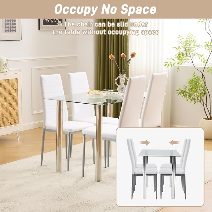 Karl home White Dining Chairs Set of 4, PU Leather & High Back | Kitchen chairs with padded seats & foot cap protection for dining kitchen living room,300lbs capacity,space-saving