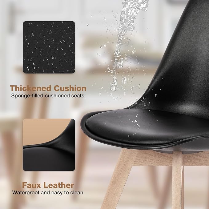 OLIXIS Dining Chairs Set of 4, Mid Century Modern Accent Chairs with Curved Backrest and Wood Legs, PU Leather Upholstered Kitchen Side Chair for Living Room, Bedroom, Outdoor Patio, Black
