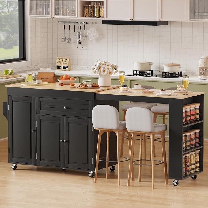 Expandable Kitchen Island with Storage Drawer and Wheels, Black | Rubberwood top expands 48.4"-82.6". Spacious drawer, 2 cabinets, 2 shelves, spice rack & towel bar. Lockable casters.