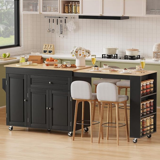 Expandable Kitchen Island with Storage Drawer and Wheels, Black | Rubberwood top expands 48.4"-82.6". Spacious drawer, 2 cabinets, 2 shelves, spice rack & towel bar. Lockable casters.