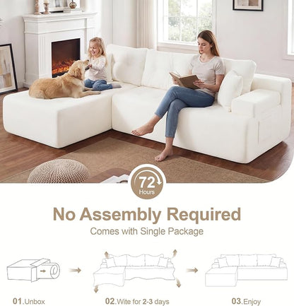 Hobestluk Modular Sectional Sofa Couches L-Shape Couch 3 Seat Modular Sofa Memory Foam Sectional Couches for Living Room, Cloud Couch with Oversized Chaise (White Tufted, 108", Left Hand Facing)