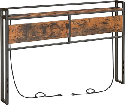 HOOBRO Headboard Queen Size, Headboard with 2 Outlets and 4 USB Ports, Adjustable Height, Storage Rack, Sturdy and Stable, Easy Assembly, Rustic Brown and Black